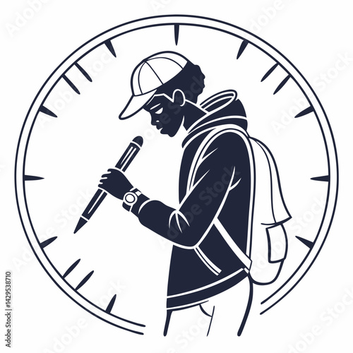 Student With Pencil Surrounded By Clock Graphic Illustration For Educational Purposes