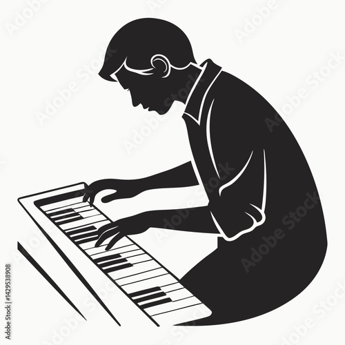Silhouette Of Pianist Playing Music On Piano With Both Hands Focused Art