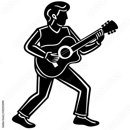 Black And White Vector Illustration Of Musician Playing Acoustic Guitar Passionately