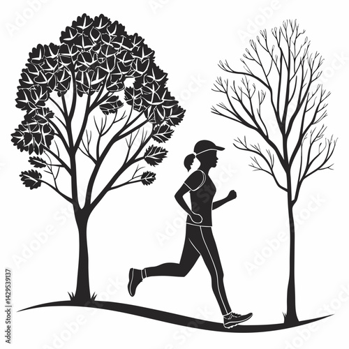 Woman Running Outdoors Black And White Silhouette With Trees And Nature