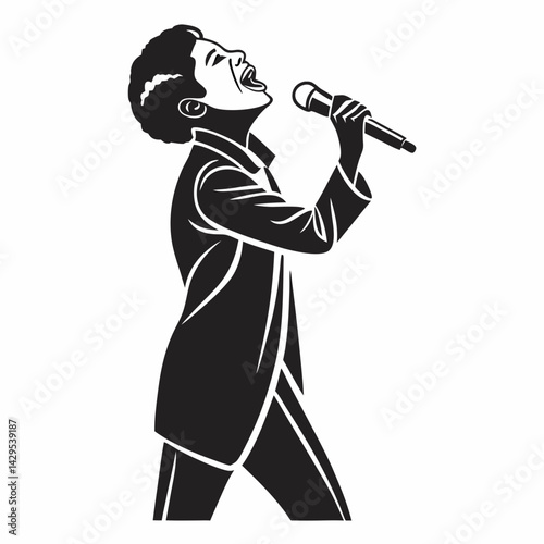 Black And White Illustration Of Man Singing Into Microphone With Passion