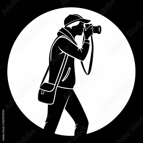 Photographer Silhouette In Black And White With Camera And Bag Illustration