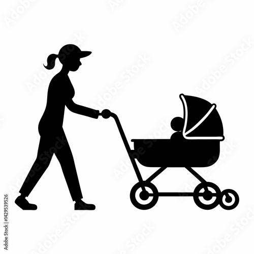 Silhouette Illustration Of Mother Pushing Baby Stroller In Minimalist Black And White Style