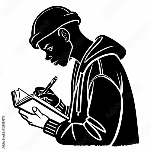 Young Man Writing In Notebook Black And White Illustration Line Art Style