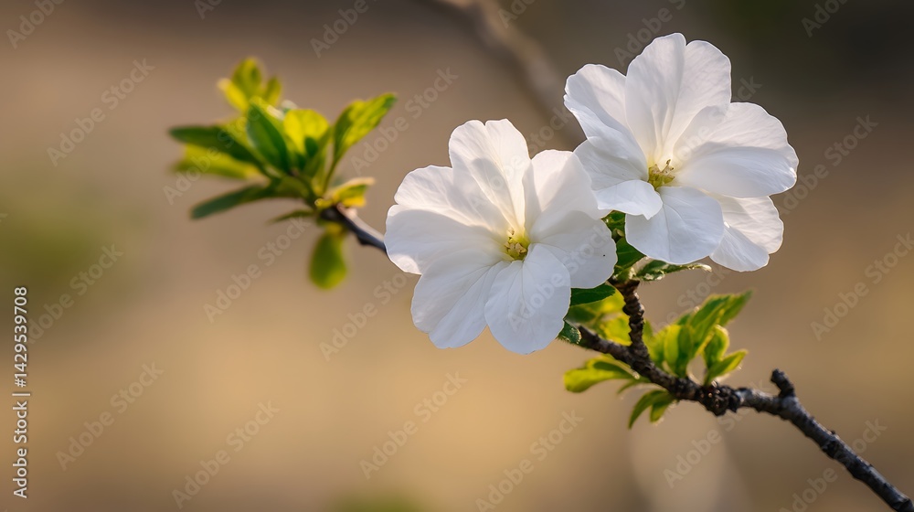 Fototapeta premium Stunning White Flowers Blooming on Branch Soft Sunlight