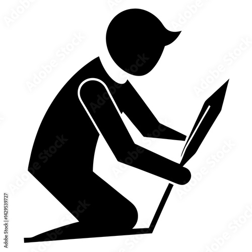 Icon Of Man Kneeling Writing Or Drawing With A Pen Black Silhouette