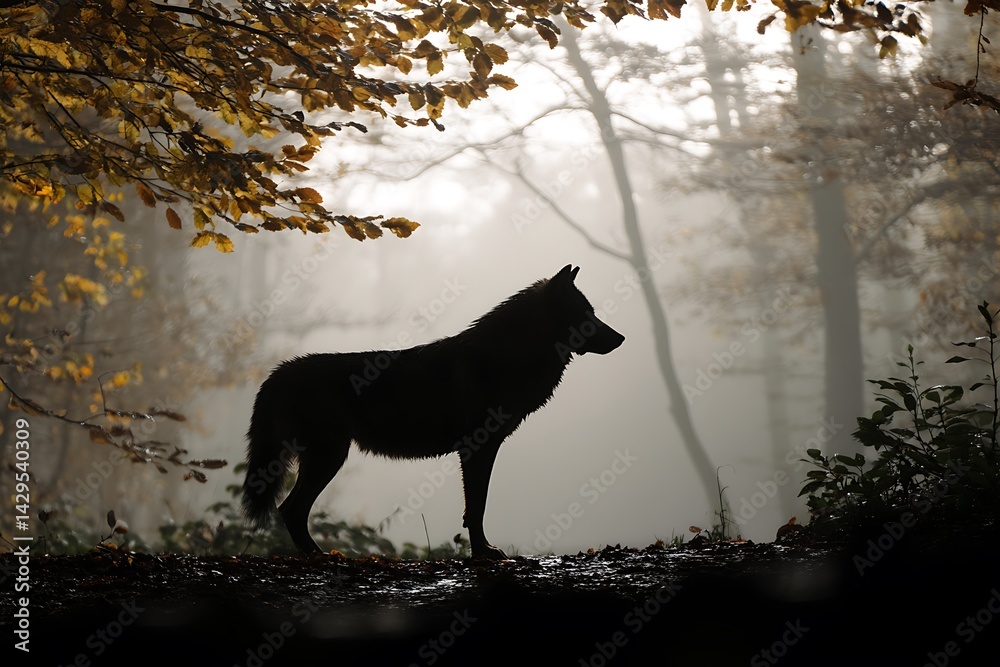 Naklejka premium Elegant dire wolf silhouette in fall forest misty setting 