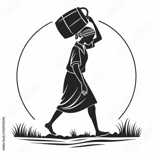 Woman Carrying Water Bucket On Head Silhouette Vector Illustration For Design