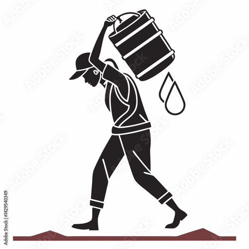 Silhouette Person Carrying Bucket Over Shoulder On Desert Soil Terrain Design