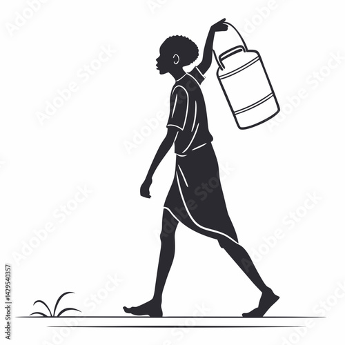 Silhouette Of African Woman Carrying Milk Can With Minimalist Flat Vector Design