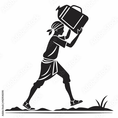 Silhouette Of Woman Carrying Water Tank Vector Artwork Rural Life Illustration