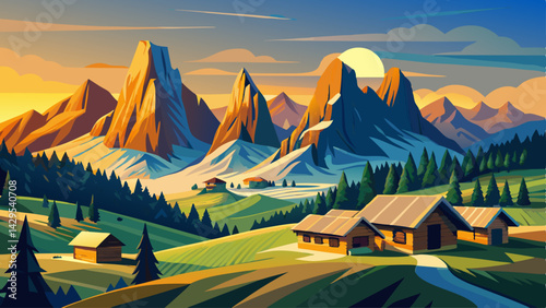 Famous Alpe di Siusi - Seiser Alm with Sassolungo - Langkofel mountain group in background at sunset. Wooden chalets in Dolomites, Trentino Alto Adige