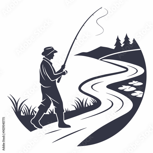 Fisherman Silhouette With River And Trees Graphic Design Vector Illustration