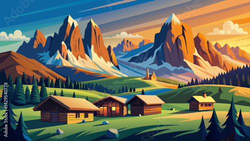 Famous Alpe di Siusi - Seiser Alm with Sassolungo - Langkofel mountain group in background at sunset. Wooden chalets in Dolomites, Trentino Alto Adige