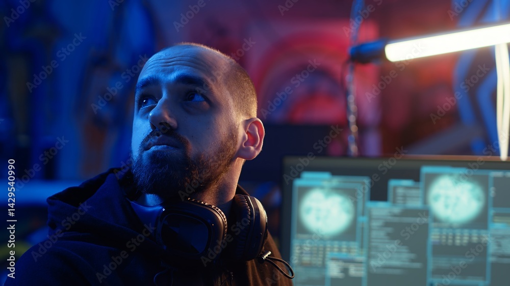 Hacker hiding in underground bunker, looking over his shoulder and feeling anxious after stealing data from victims using computer virus, scared about being caught by police, camera B close up Hacker hiding in underground bunker, looking over his shoulder and feeling anxious after stealing data from victims using computer virus, scared about being caught by police, camera B close up
