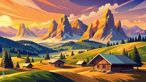 Famous Alpe di Siusi - Seiser Alm with Sassolungo - Langkofel mountain group in background at sunset. Wooden chalets in Dolomites, Trentino Alto Adige