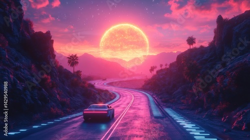 A breathtaking sunset scene over a winding road, with a car driving through the landscape. The sky is painted in hues of pink and purple, the sunlight enhancing the sense of freedom and the open road.