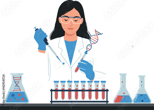 Female scientist conducting DNA research with test tubes in laboratory setting vector illustration 