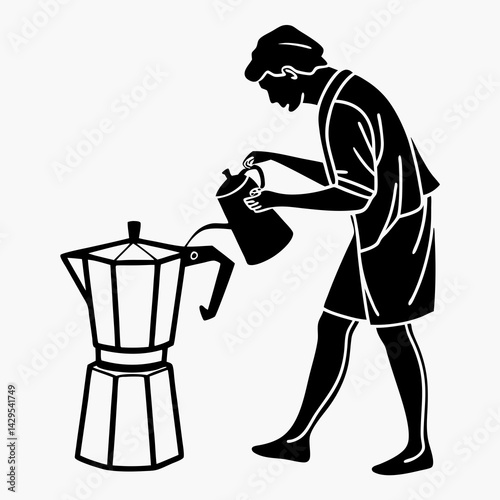 Man Fills Moka Pot With Water Preparing Coffee Black Silhouette Illustration
