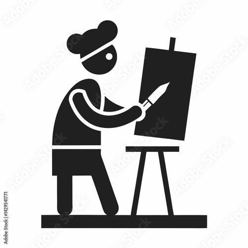 Minimalist Artist Painting On Canvas With Easel And Brush Illustration
