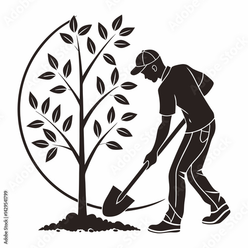 Silhouette Of A Gardener Planting A Tree With A Shovel In A Circular Frame