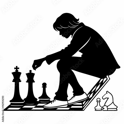 Pensive Young Man Strategically Playing Chess On A Game Board Silhouette