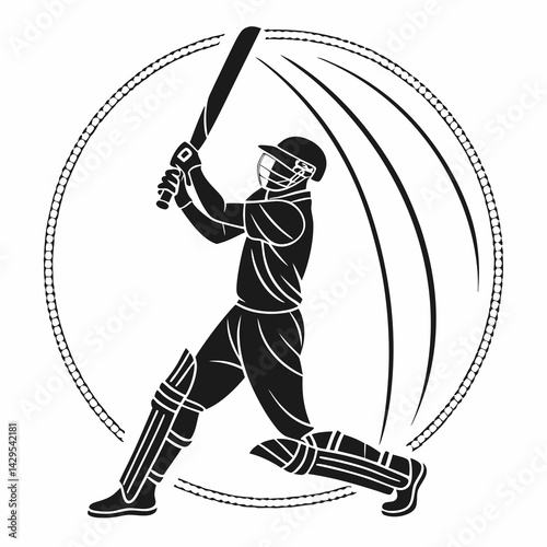 Cricket Batsman Hitting Ball Silhouette In Circular Frame Of Cricket Ball Detail
