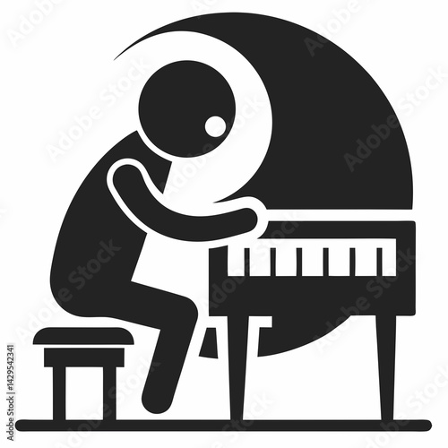 Monochrome Icon Of A Pianist Playing Grand Piano On Stage Artistic Presentation