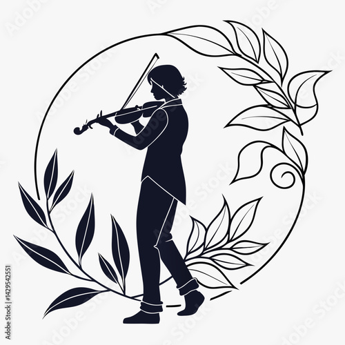 Violinist Silhouette Performing Music Surrounded By Botanical Floral Wreath Elegant Classical Design