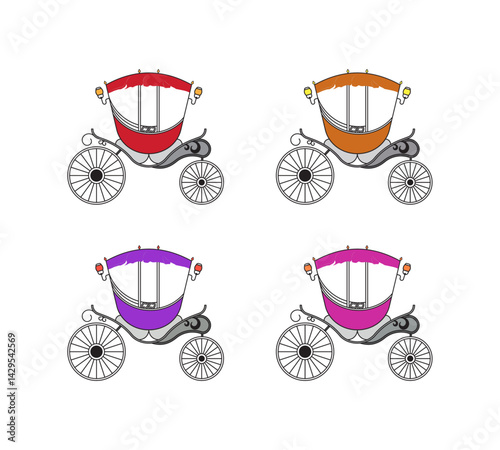 Vintage Carriage Rickshaw Set Vector Illustration
