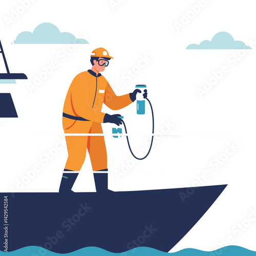 Worker in orange suit spraying chemical on boat deck vector illustration 