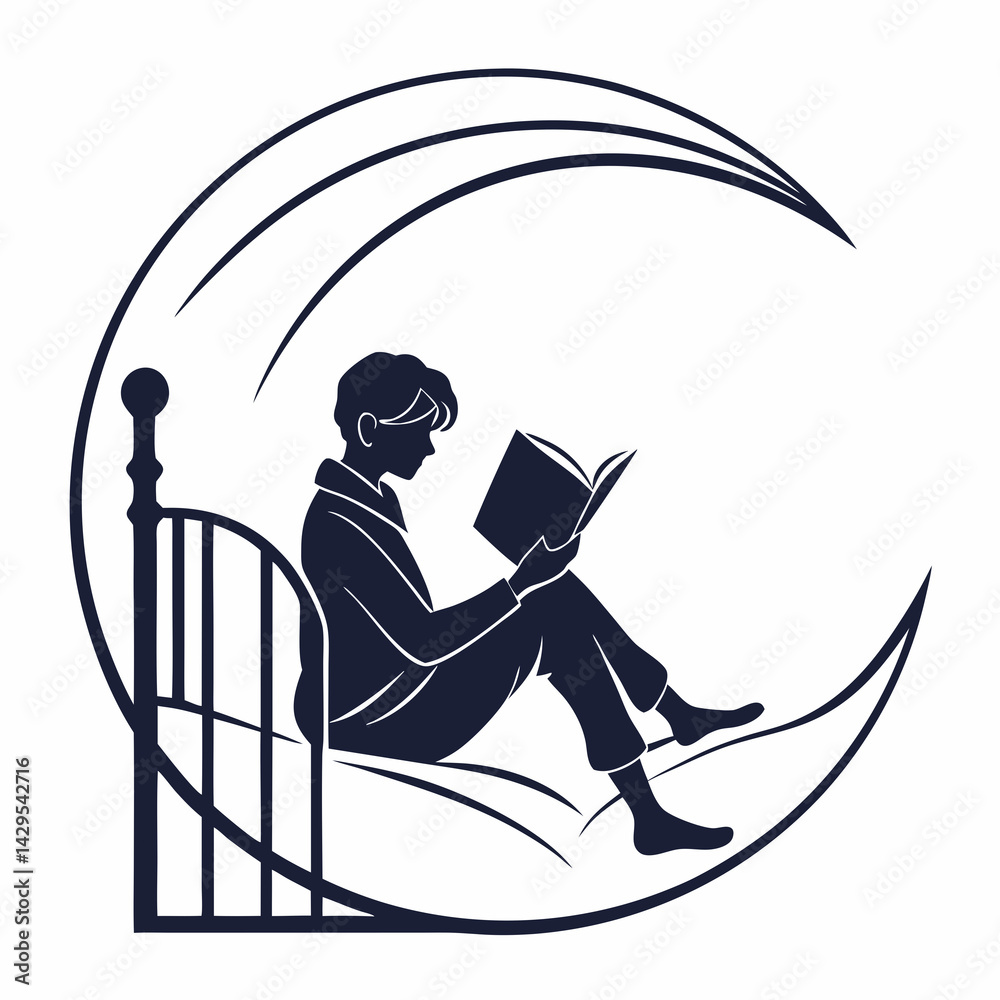 Fototapeta premium Silhouette Of Boy Reading On Moon Bedtime Story Illustration Graphic Icon