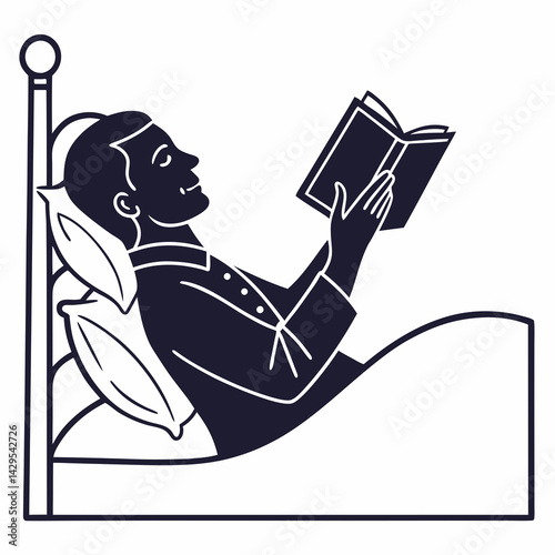 Man Reading Book In Bed Dark Silhouette Style Illustration Design