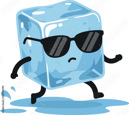 Ice cube character walking with sunglasses and water splash illustration vector 