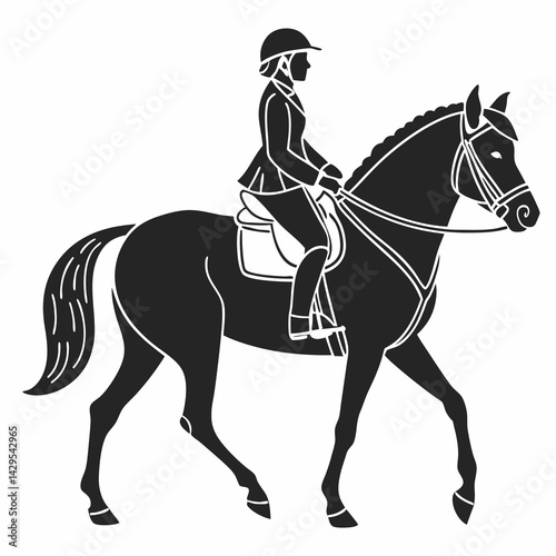 Equestrian Silhouette Of Horseback Rider And Elegant Horse In Black And White