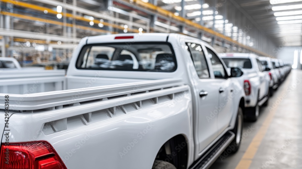 Fototapeta premium New white pickup trucks in a row, inside a car assembly plant, ready for shipment.