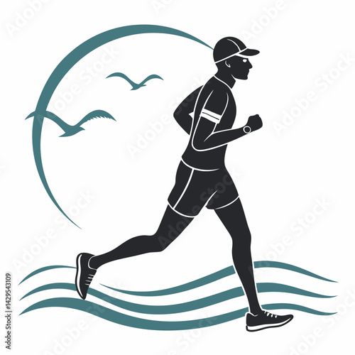 Silhouette Of A Runner By The Sea With Birds And Waves Illustration