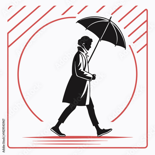 Silhouette Of A Man Walking With An Umbrella In Red Decorative Frame