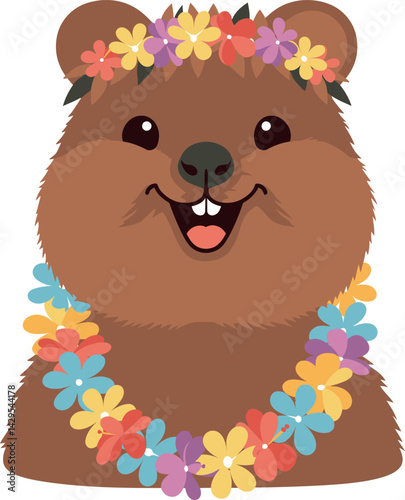 Happy brown bear with colorful floral wreath and lei vector illustration cheerful expression 