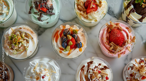 Assorted Sundaes Photographed from Top Down and Angled Perspectives