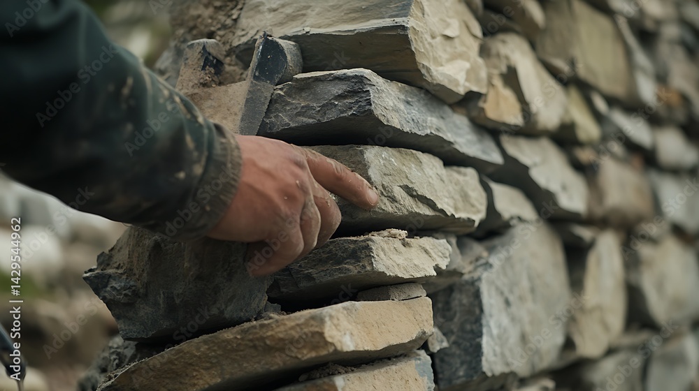 Hand Placing Stone in Wall Construction Hand Placing Stone in Wall Construction
