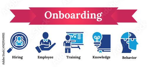 Onboarding Process and Employee Integration - knowledge, behavior, training, hiring vector icon sheet collection glyph dual tone blue