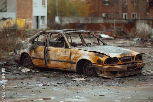 Burned-out car left in abandoned lot after arson attack highlighting urban decay