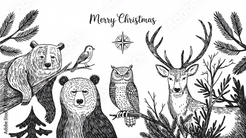 Festive Wildlife Christmas Illustration with Forest Animals