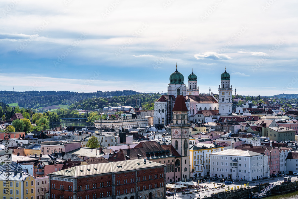 The town hall and St. Stephans cathedral in Passau, Germany, located in the old town of Passau on the Rathausplatz