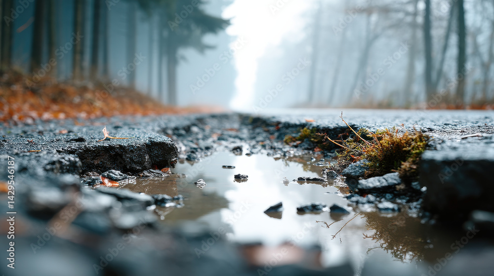 Fototapeta premium Crumbled asphalt with water filled holes and mossy edge in forest setting