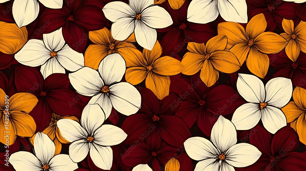 Elegant Floral Pattern Seamless Design with Burgundy, Cream, and Orange Flowers Elegant Floral Pattern Seamless Design with Burgundy, Cream, and Orange Flowers