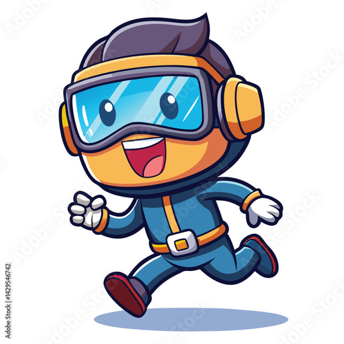 Smiling cartoon character in a blue suit, running with goggles and headphones