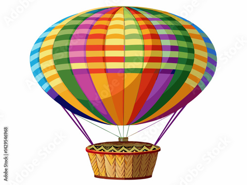 A high-quality vector illustration of a colorful hot air balloon with striped patterns and a woven basket, isolated on a white background