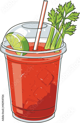 A bloody mary cocktail in a plastic cup with celery lime and straw on a white background illustration